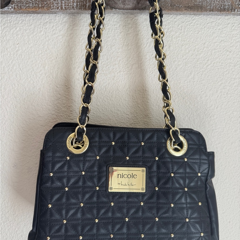 Nicole by Nicole Miller Black and Gold Quilted Shoulder Bag